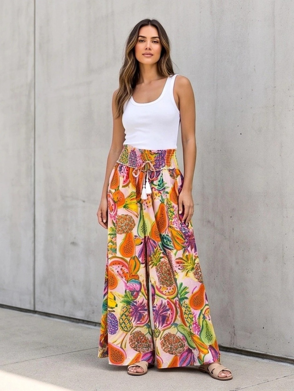 True Destinations Tropical Fruit Print Wide-Leg Palazzo Pants – Small